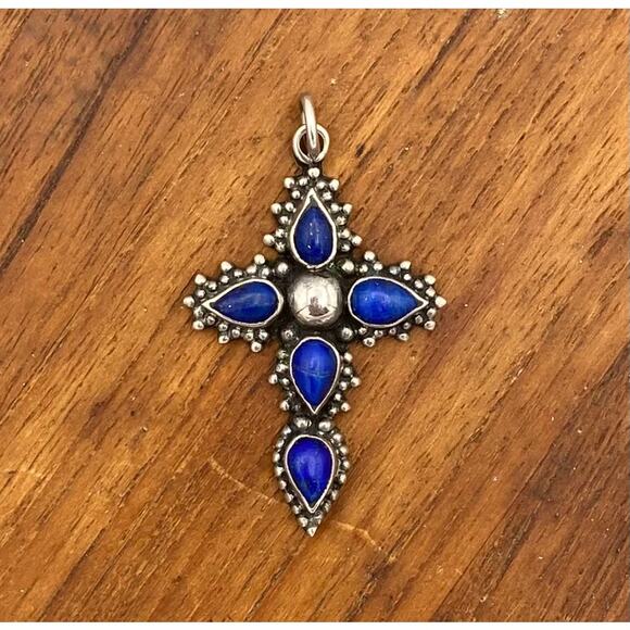 Vintage Sterling Silver Lapis Lazuli Ornate Cross - Picture 1 of 6